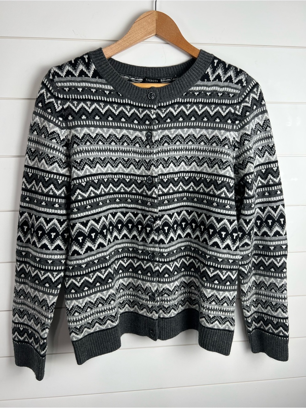 Talbots Lambswool Blend Sweater Fair Isle Beaded Button Front Gray Black M